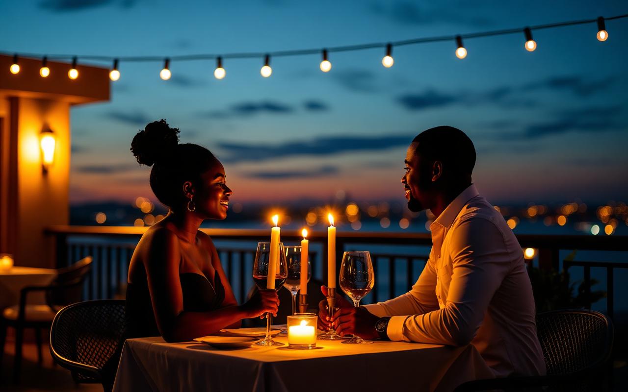 A couple enjoying a candlelit terrace dinner date at dusk
